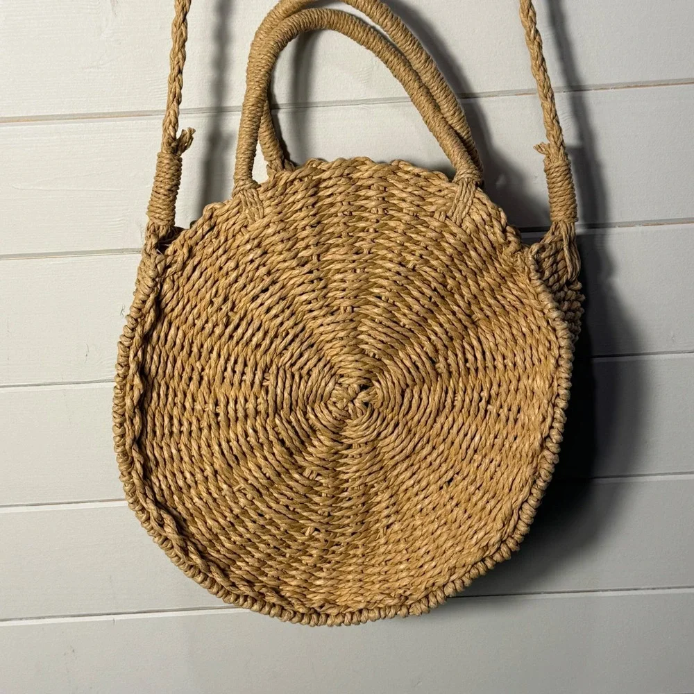 Natural Woven Straw Round Crossbody Bag Handbag Circle Boho Beach Summer‎ Purse